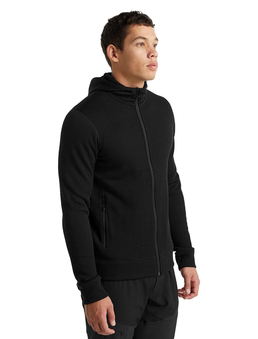 Black Men's Icebreaker RealFleece® Merino Elemental Long Sleeve Zip Hood Jackets | USA 1241VRWD